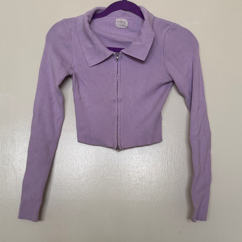 Lavender Ribbed Zip-Up Women's Top